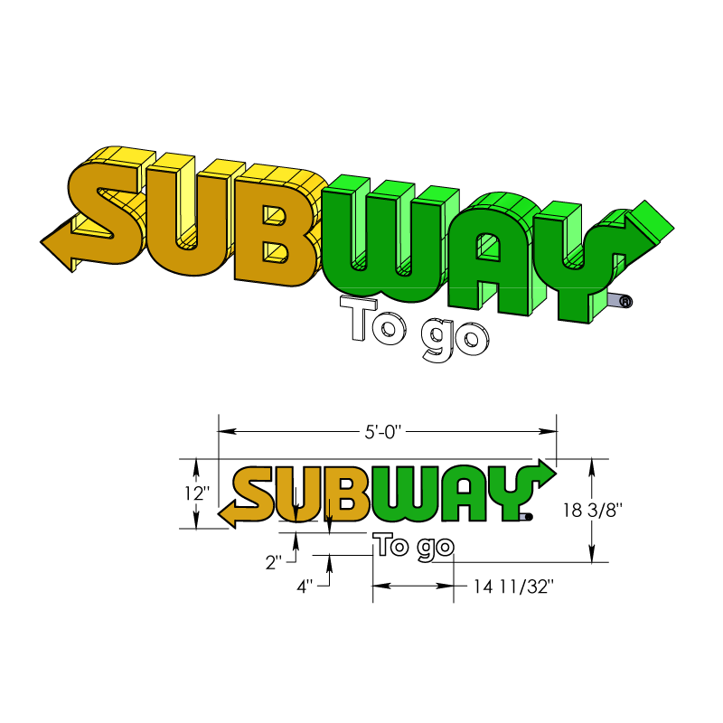 12" Subway and 4" To Go PVC Letter Yellow Green